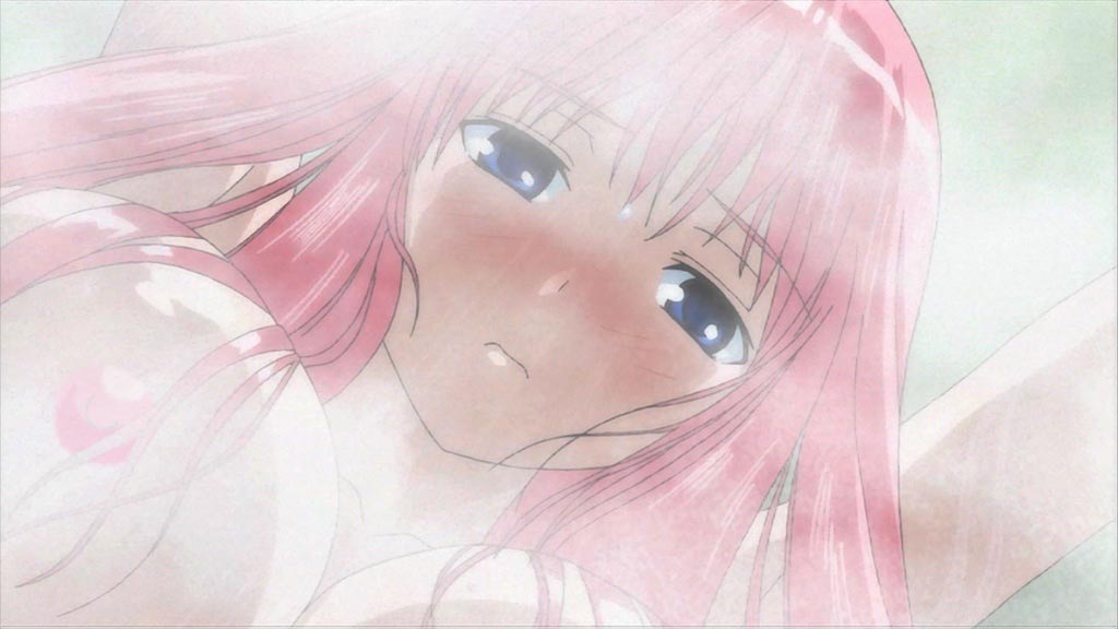 haramura nodoka, saki (manga), screencap, 00s, bent over, blue eyes, blush, breasts, large breasts, nipples, pink hair, sad, showering, solo, steam, water, wet