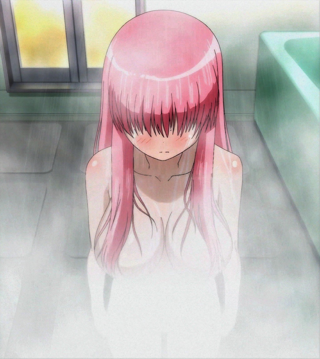 haramura nodoka, saki (manga), screencap, 00s, blush, breasts, large breasts, nude, pink hair, showering, solo, steam