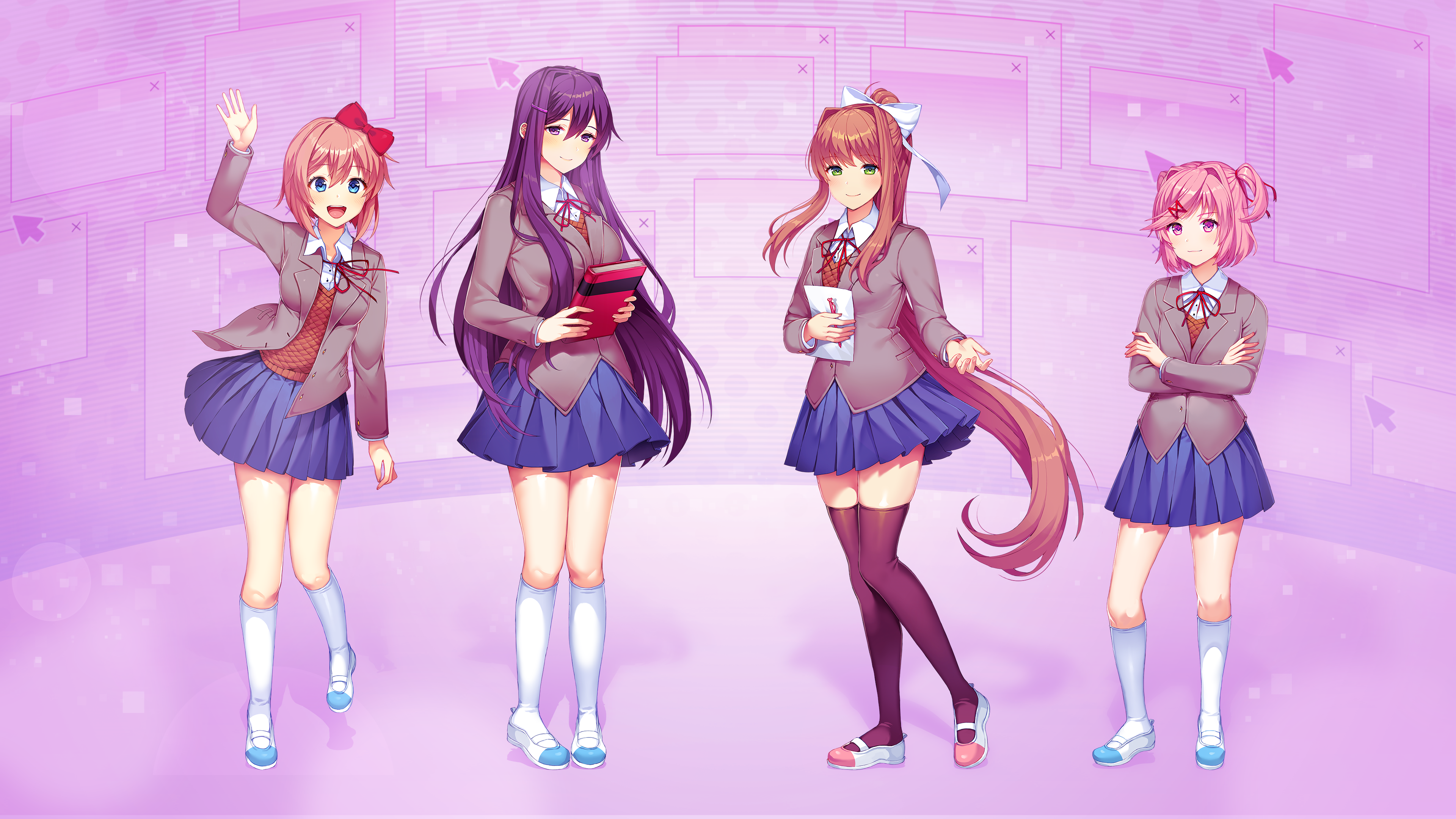monika (doki doki literature club), natsuki (doki doki literature club), sayori (doki doki literature club), yuri (doki doki literature club), doki doki literature club, absurdres, artist request, highres, official art, 4girls, black thighhighs, blue skirt, bob cut, book, bow, coat, contrapposto, crossed arms, full body, grey coat, hair bow, hair bun, hand up, holding, holding book, long hair, long sidelocks, looking at viewer, matching outfits, multiple girls, neck ribbon, outstretched hand, pigeon-toed, pink background, pink hair, pink vest, ponytail, purple hair, ribbon, shirt, short hair, sidelocks, skirt, smile, socks, standing, thighhighs, vest, waving, white shirt, white socks, window (computing)