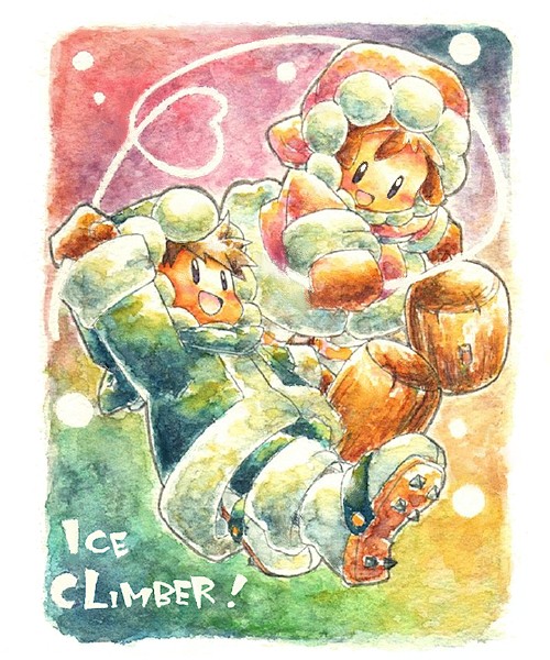 ice climbers, nana (ice climber), popo (ice climber), ice climber, nintendo, 00s, brown hair, coat, gloves, hood, mallet, siblings, smile, twins