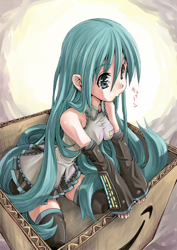 marumasa, hatsune miku, amazon (company), vocaloid, 1girl, :>, aqua eyes, aqua hair, box, cardboard box, detached sleeves, female focus, hair down, in box, in container, long hair, necktie, seiza, sitting, skirt, solo, thighhighs, very long hair, zettai ryouiki