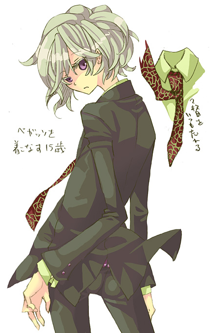 kuraaaa, kiryu yoshiya, subarashiki kono sekai, silver hair, 1boy, formal clothes, male focus, necktie, purple eyes, solo, suit