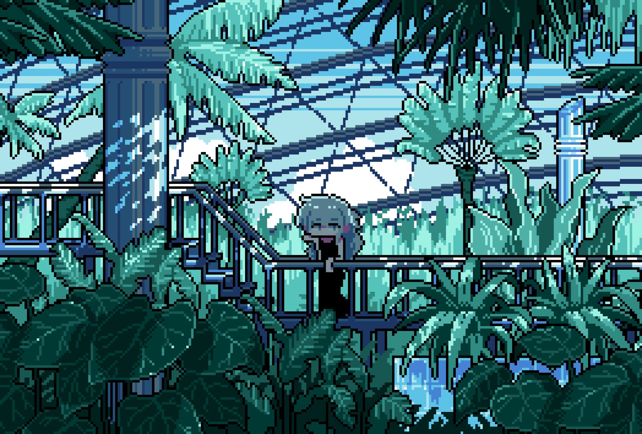 empire-hotel, original, hashtag-only commentary, highres, 1girl, black dress, chibi, conservatory, dappled sunlight, dress, grey hair, head rest, long dress, long hair, nature, palm tree, pillar, pixel art, plant, railing, scenery, stairs, sunlight, tree, walkway