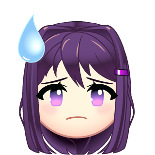 yuri (doki doki literature club), doki doki literature club, artist request, lowres, official art, 1girl, chibi, chibi only, emoji, frown, hair ornament, hairclip, long hair, long sidelocks, looking at viewer, nervous sweating, portrait, purple eyes, purple hair, sidelocks, solo, sweat, sweatdrop