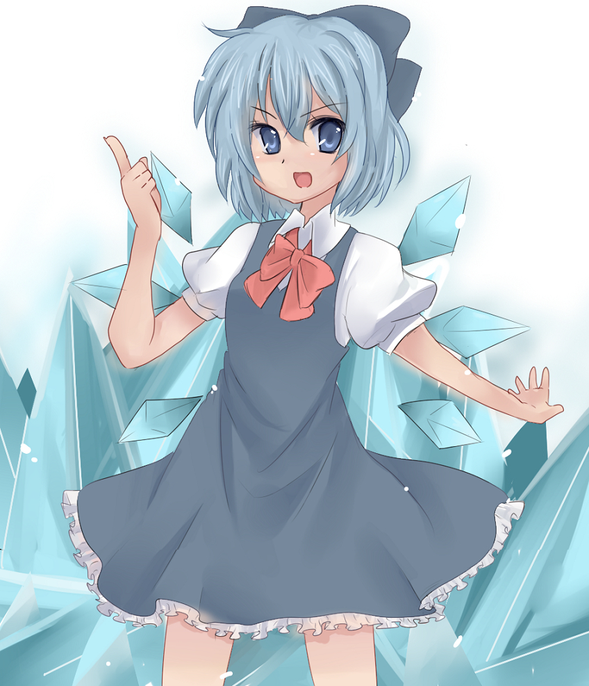 yuzuha (artist), cirno, touhou, bad id, bad pixiv id, 1girl, blouse, blue hair, bow, collared shirt, dress, female focus, hair between eyes, hair bow, pinafore dress, ribbon, shirt, sleeveless, sleeveless dress, solo, standing, white shirt, wings