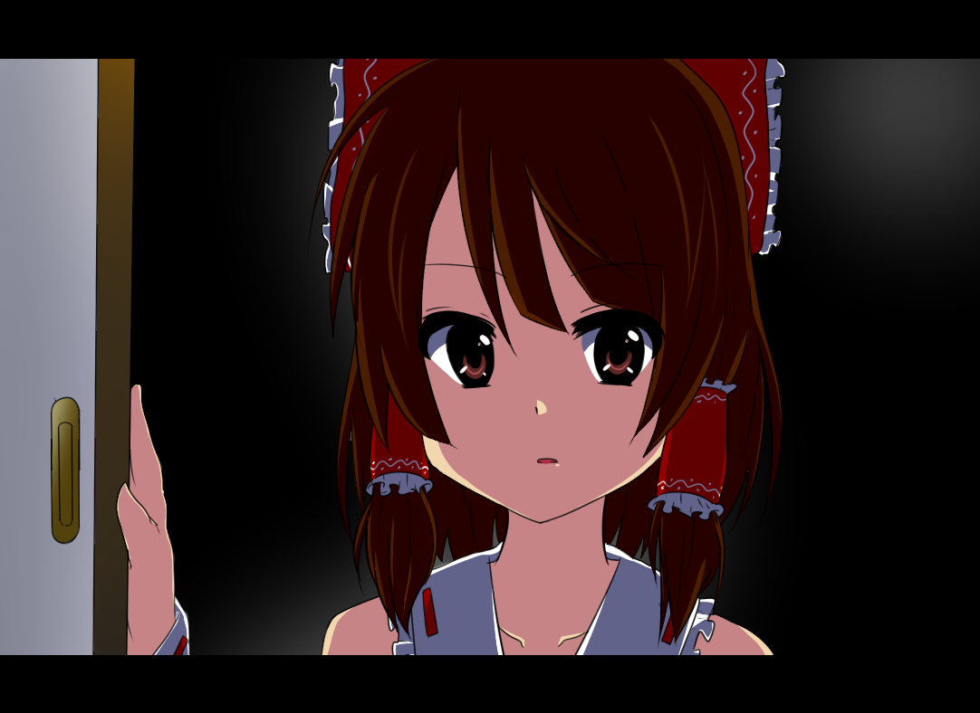 yuzuha (artist), hakurei reimu, touhou, bad id, bad pixiv id, 1girl, bare shoulders, bow, brown eyes, brown hair, collarbone, door, female focus, hair bow, hair tubes, large bow, letterboxed, portrait, solo