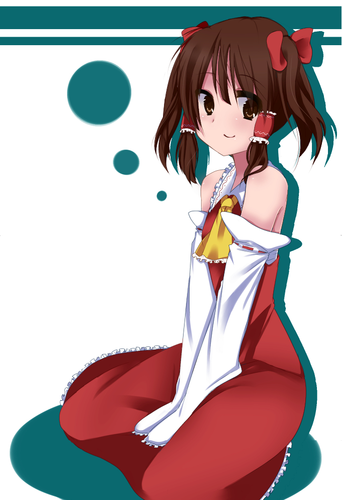 yuzuha (artist), hakurei reimu, touhou, bad id, bad pixiv id, 1girl, alternate hairstyle, bare shoulders, dress, female focus, japanese clothes, miko, ribbon, sitting, smile, solo, twintails, v arms, wariza, white background