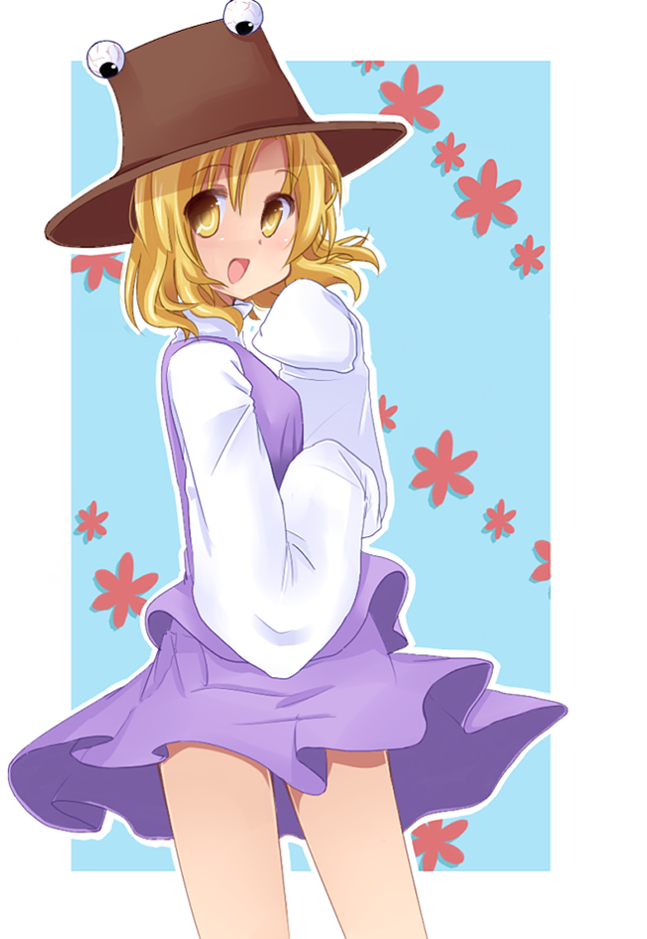 yuzuha (artist), moriya suwako, pyonta, touhou, bad id, bad pixiv id, 1girl, blonde hair, female focus, hat, skirt, solo, yellow eyes