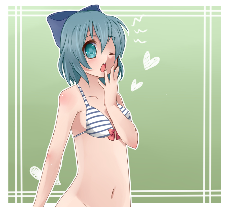 yuzuha (artist), cirno, touhou, striped, bad id, bad pixiv id, 1girl, blue eyes, blue hair, bottomless, bra, female focus, green background, hair ornament, hair ribbon, heart, lingerie, matching hair/eyes, navel, no panties, one eye closed, ribbon, solo, underwear, wink, yawning
