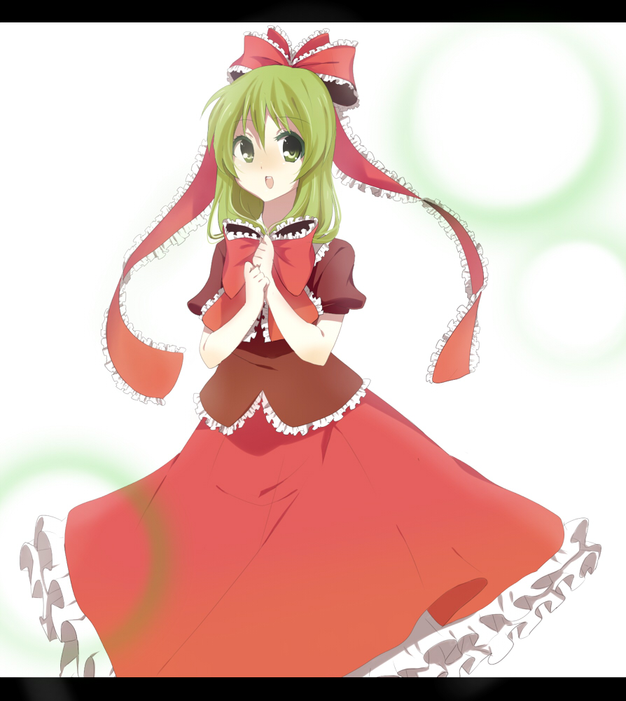 yuzuha (artist), kagiyama hina, touhou, bad id, bad pixiv id, 1girl, female focus, front ponytail, green eyes, green hair, hair ornament, hair ribbon, letterboxed, matching hair/eyes, ribbon, simple background, solo, white background