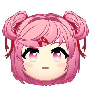 natsuki (doki doki literature club), doki doki literature club, artist request, lowres, official art, 1girl, :|, chibi, chibi only, closed mouth, emoji, expressionless, hair ornament, hairclip, looking at viewer, pink eyes, pink hair, portrait, raised eyebrow, short hair, solo, two side up