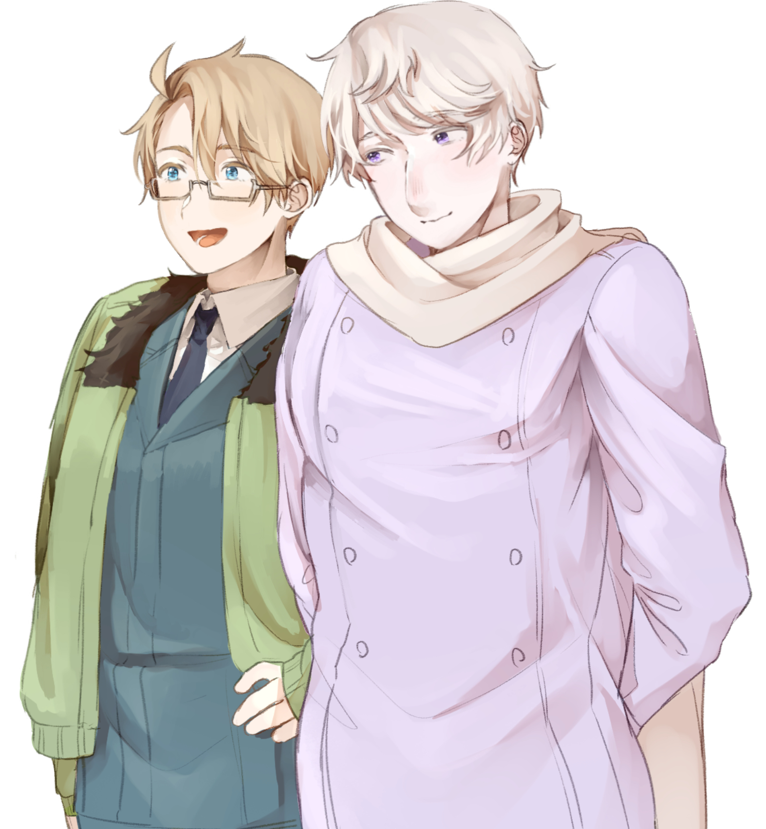 america (hetalia), russia (hetalia), axis powers hetalia, commentary request, highres, 2boys, ahoge, arms behind back, blonde hair, blue jacket, blue necktie, blue pants, blush, buttons, closed mouth, coat, collared shirt, cowboy shot, formal clothes, fur-trimmed jacket, fur trim, glasses, green jacket, grey-framed eyewear, grey hair, hair between eyes, hand on own hip, harutoro 39487, jacket, lapels, long sleeves, looking at another, looking to the side, male focus, multiple boys, necktie, official alternate costume, open clothes, open jacket, open mouth, pants, puffy long sleeves, puffy sleeves, purple coat, purple eyes, scarf, semi-rimless eyewear, shirt, short hair, simple background, smile, standing, suit, suit jacket, teeth, tongue, white background, white scarf, white shirt