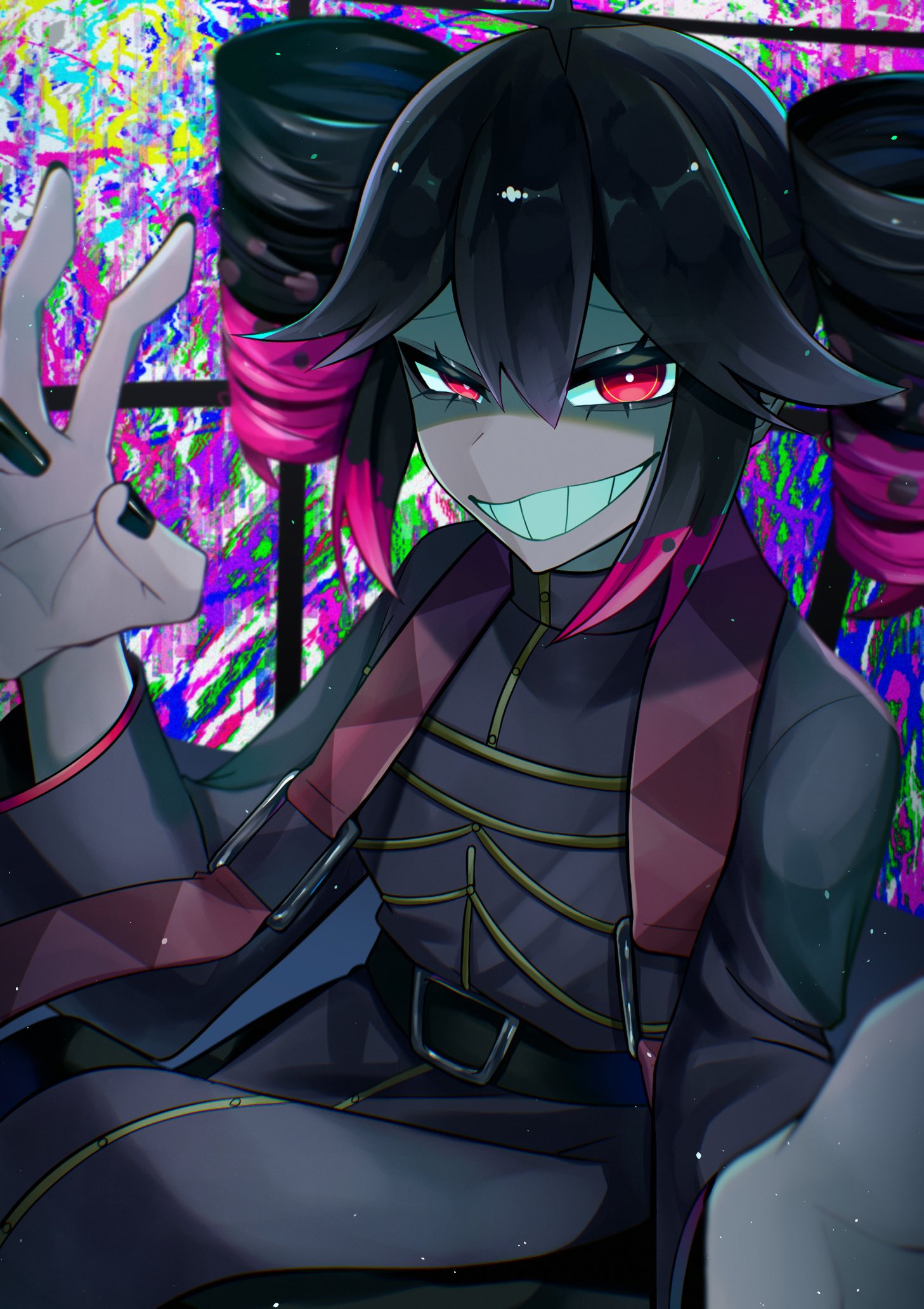 kasane teto, utau, highres, 1girl, aotsuki00, belt, black belt, black hair, black nails, black sleeves, clenched teeth, drill hair, hair between eyes, long sleeves, looking at viewer, q&a (utau), red eyes, sitting, solo, teeth, twin drills, twintails