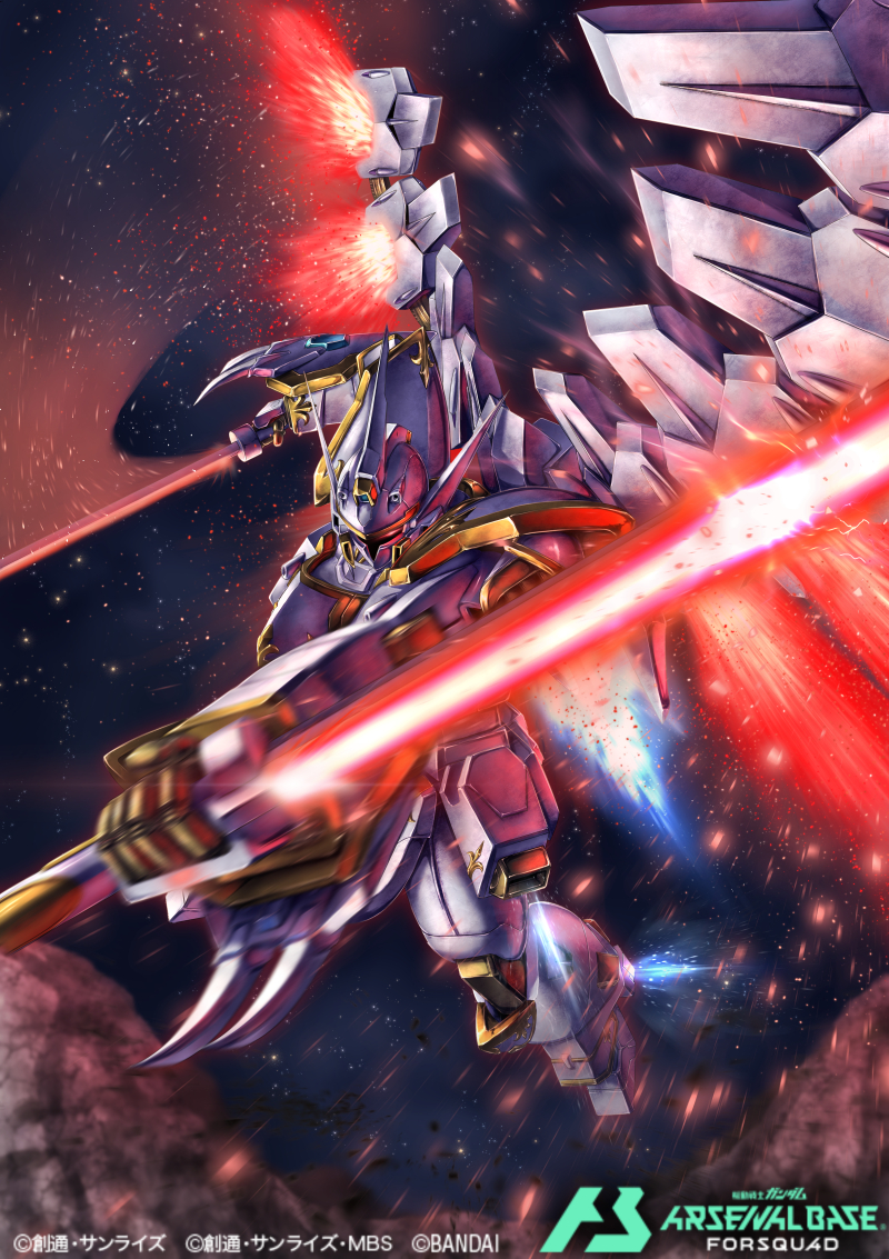 soezy, cal-re.a, gundam, gundam arsenal base, gundam seed, gundam seed freedom, commentary request, official art, attack trail, copyright logo, copyright name, copyright notice, dual wielding, energy sword, energy wings, gold trim, holding, holding beam saber, holding sword, holding weapon, logo, mecha, mecha focus, mechanical wings, mobile suit, no humans, robot, solo, space, swinging weapon, sword, thrusters, v-fin, weapon, wings