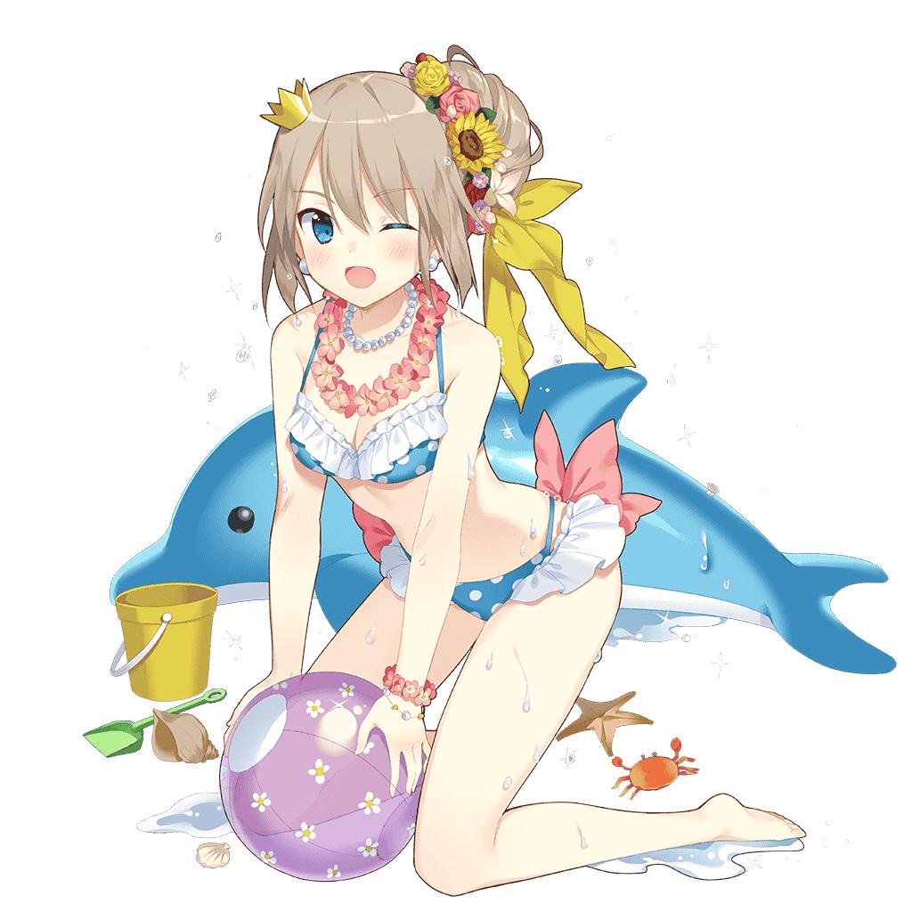 rie (reverie), uchi no hime-sama ga ichiban kawaii, commentary request, 1girl, aqua eyes, ball, beachball, bead necklace, beads, bikini, blue bikini, breasts, crab, crown, dolphin, flower, flower necklace, frilled bikini, frills, hair between eyes, hair bun, hair flower, hair ornament, hair ribbon, jewelry, lidelle esquire, medium breasts, medium hair, mini crown, necklace, polka dot, polka dot bikini, ribbon, starfish, swimsuit, yellow ribbon