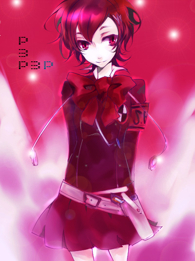 ha-coco, shiomi kotone, atlus, persona, persona 3, persona 3 portable, bad id, bad pixiv id, bow, gun, hair ornament, hairclip, headphones, school uniform, short hair, skirt, smile, solo, weapon