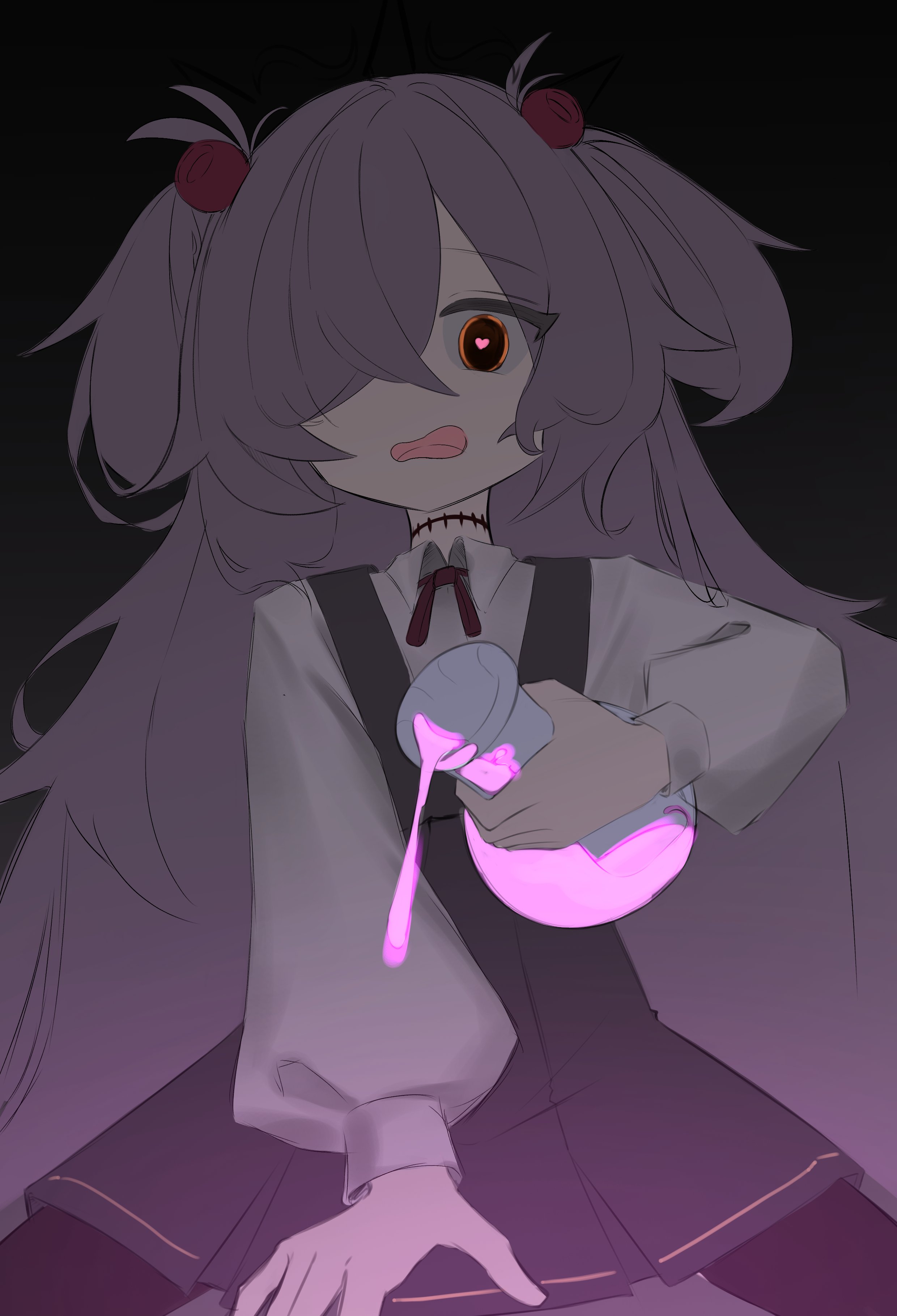 cheeckae, kanoe (blue archive), blue archive, absurdres, highres, unfinished, 1girl, black background, black choker, black dress, black pantyhose, bottle, brown eyes, choker, collared shirt, crossed bangs, dress, from below, grey hair, hair between eyes, hair bobbles, hair intakes, hair ornament, hair over one eye, heart, heart-shaped pupils, holding, holding bottle, long hair, long sleeves, on person, pantyhose, pinafore dress, pouring onto another, puffy long sleeves, puffy sleeves, purple liquid, red ribbon, ribbon, shirt, sleeveless, sleeveless dress, solo, spread legs, symbol-shaped pupils, two side up, wavy mouth, white shirt, yellow eyes