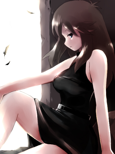 tenko (paradise), green (pokemon), nintendo, pokemon, pokemon adventures, bad id, bad pixiv id, 1girl, belt, black dress, black theme, blue eyes, breasts, brown hair, covered erect nipples, dress, feathers, female focus, legs, long hair, see-through clothes, sitting, solo
