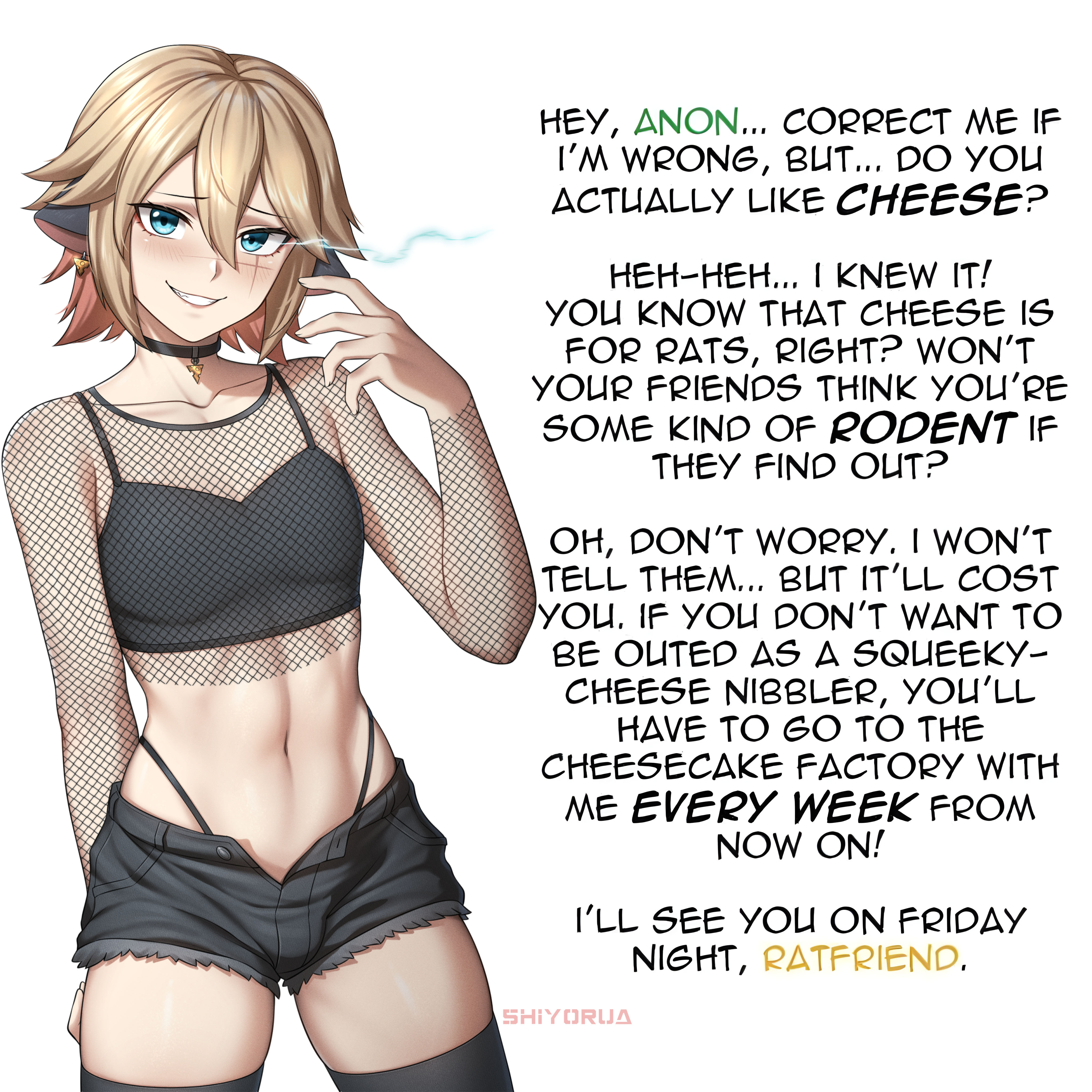 zxpfer, shiyorua (vtuber), indie virtual youtuber, absurdres, commentary, english commentary, highres, second-party source, 1boy, animal ears, blonde hair, blue eyes, blush, character name, cheese earrings, choker, clenched teeth, collarbone, cowboy shot, earrings, english text, fishnet top, fishnets, food-themed earrings, hair between eyes, jewelry, linea alba, looking at viewer, medium hair, navel, open mouth, scar, scar on face, short shorts, shorts, simple background, solo, teeth, trap, unbuttoned, virtual youtuber, white background