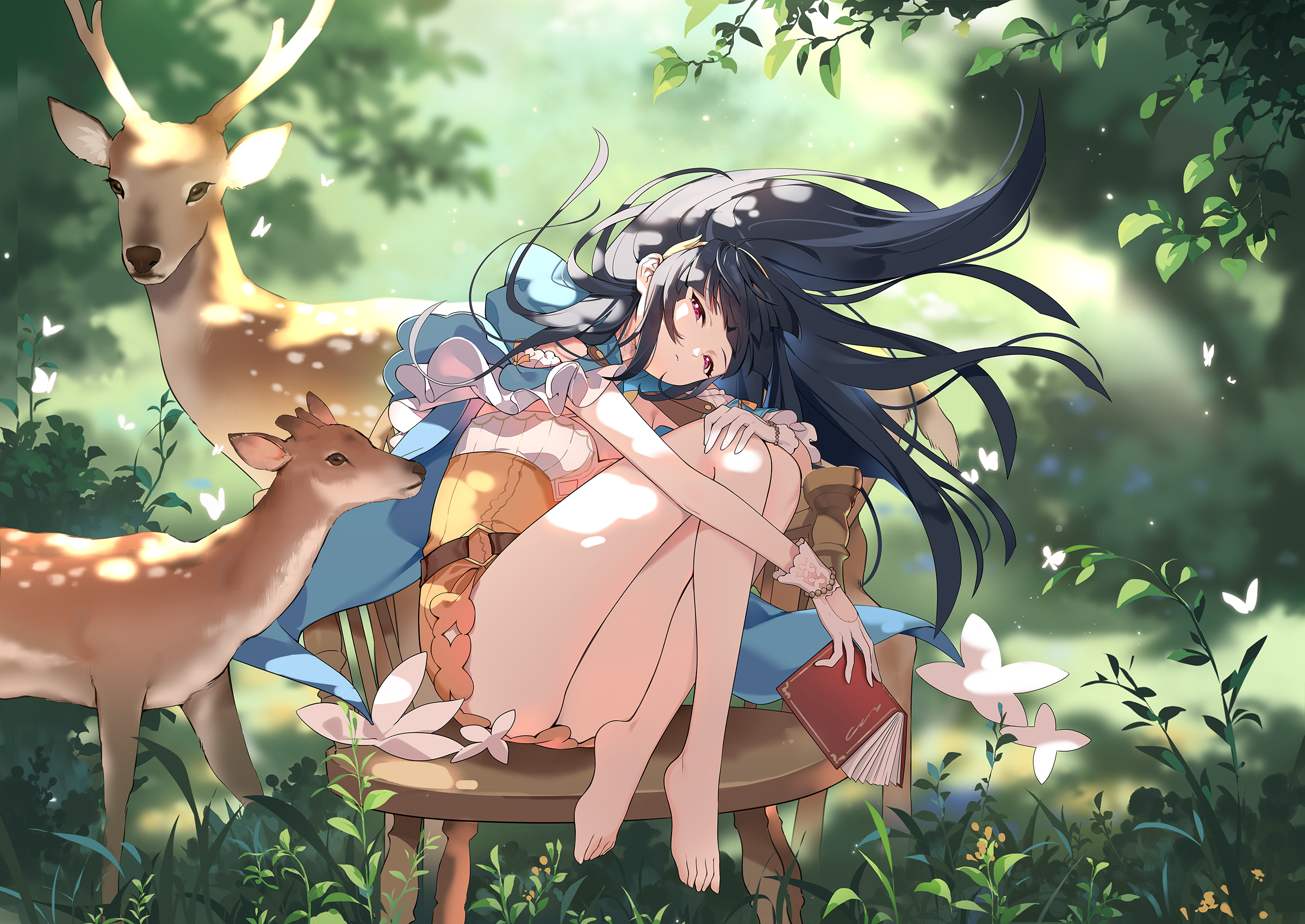 nazuka (stella sora), stella sora, game cg, highres, non-web source, official art, 1girl, barefoot, black hair, blue cape, blurry, blurry background, book, breasts, cape, chair, closed mouth, clothing cutout, deer, dress, floating hair, flower, full body, glove cutout, gloves, half-closed eyes, holding, holding book, leaning to the side, light frown, looking at viewer, on chair, orange dress, outdoors, short dress, sitting, sleeveless, sleeveless dress, small breasts, solo, toes, white flower, white gloves