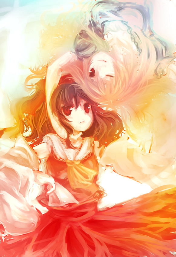 karunabaru, hakurei reimu, yakumo yukari, touhou, bad id, bad pixiv id, 2girls, female focus, japanese clothes, miko, multiple girls, ribbon, wink, yuri