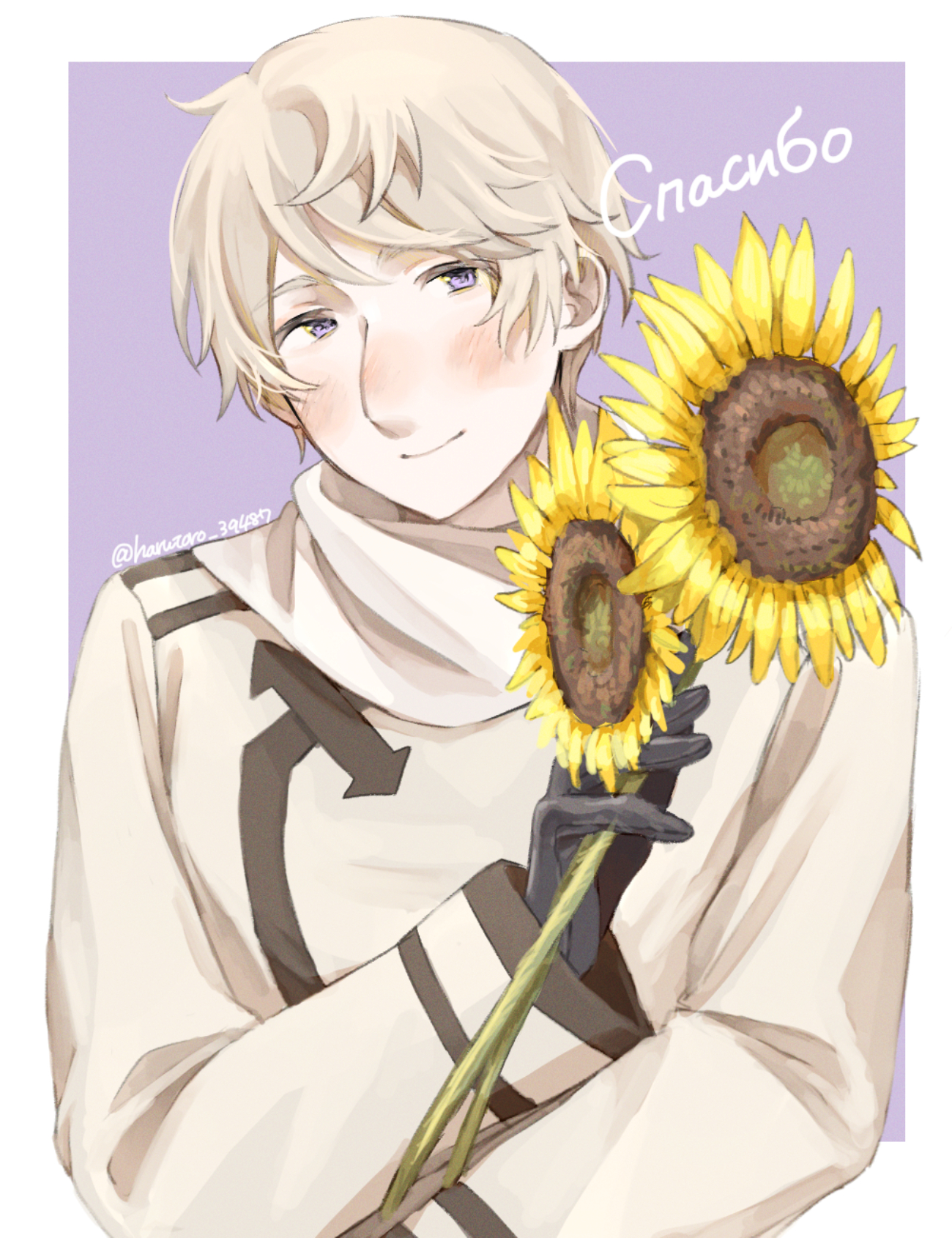 russia (hetalia), axis powers hetalia, commentary request, highres, 1boy, arrow (symbol), artist name, between fingers, black gloves, blush, border, closed mouth, coat, flower, gloves, grey hair, hair between eyes, hand up, harutoro 39487, holding, holding flower, leaf, leather, leather gloves, long sleeves, looking at viewer, male focus, outside border, purple background, purple eyes, russian text, scarf, short hair, simple background, smile, solo, sunflower, upper body, white border, white coat, white scarf, yellow flower