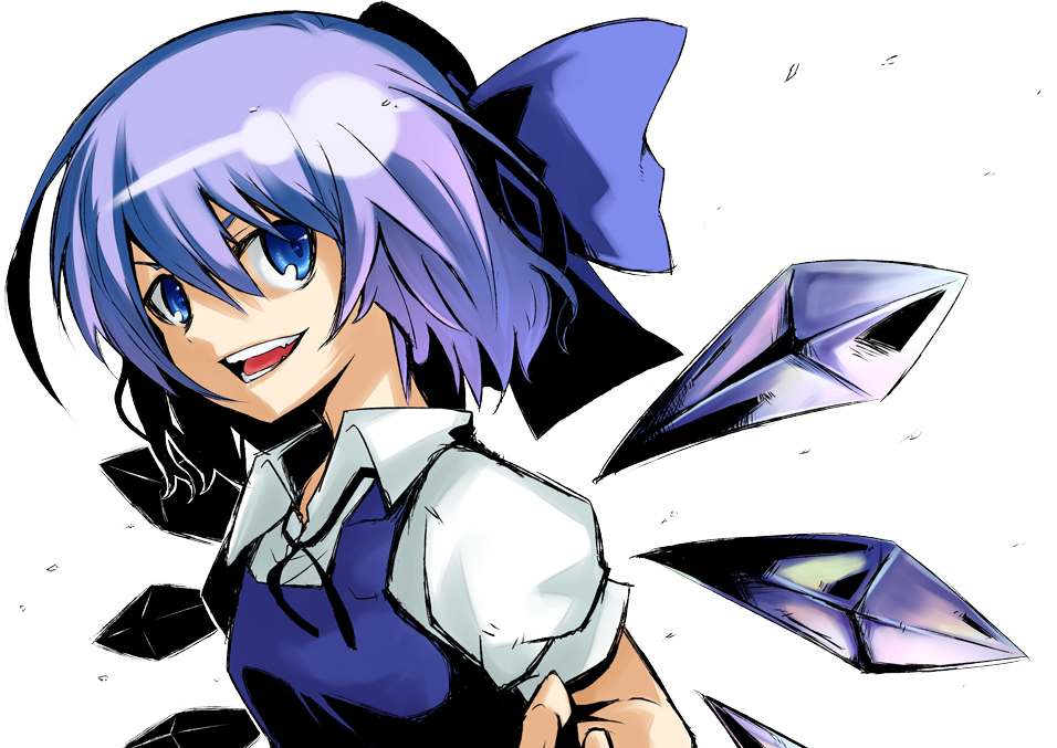 mukunoki nanatsu, nanatsu, cirno, embodiment of scarlet devil, touhou, bad id, bad pixiv id, 1girl, blouse, blue eyes, blue hair, bow, dress, eyebrows hidden by hair, female focus, from side, hair between eyes, hair bow, matching hair/eyes, pinafore dress, shirt, short hair, sleeveless, sleeveless dress, solo, white shirt, wings