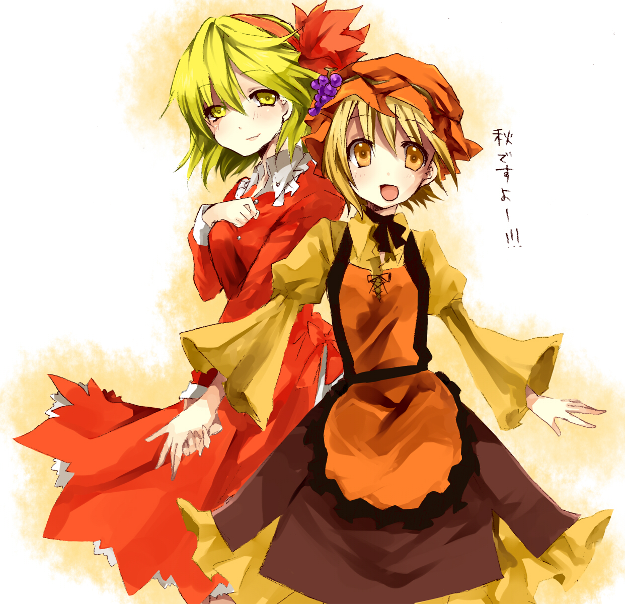 amaya enaka, tentani, aki minoriko, aki shizuha, touhou, bad id, bad pixiv id, highres, translated, 2girls, female focus, hair ornament, hat, leaf hair ornament, multiple girls, short hair, siblings, sisters