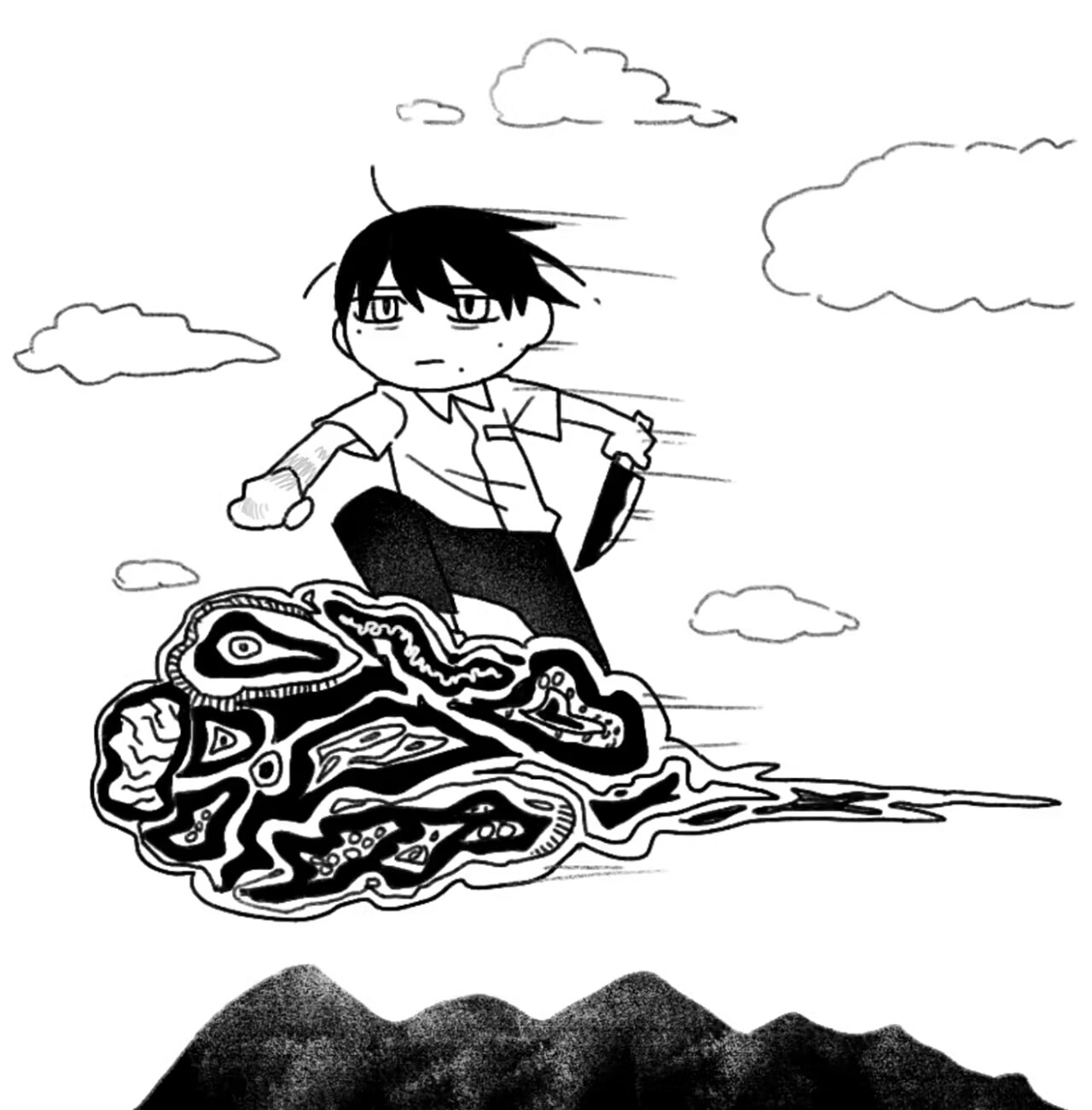 tsujinaka yoshiki, hikaru ga shinda natsu, highres, 1boy, asakura (asakuraren01), closed mouth, cloud, collared shirt, flying, greyscale, hair between eyes, holding, holding knife, kitchen knife, knife, male focus, mole, mole on cheek, mole under eye, mole under mouth, monochrome, multiple moles, on cloud, pants, school uniform, shirt, short hair, short sleeves, standing