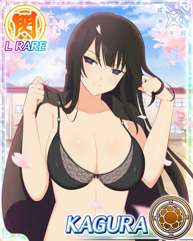 kagura (senran kagura), senran kagura, senran kagura new wave, game cg, official art, third-party source, 1girl, armpit crease, black bra, black capelet, black eyes, black hair, black shirt, blue pupils, blush, border, bow, bow bra, bra, breasts, capelet, card (medium), character name, cherry blossoms, cherry tree, cleavage, cloud, cloudy sky, falling petals, flower-shaped pupils, lace, lace-trimmed bra, lace trim, large breasts, linea alba, long hair, looking at viewer, mountain, mountainous horizon, navel, outdoors, petals, pink petals, school, shiny skin, shirt, sky, smile, smirk, solo, spring (season), symbol-shaped pupils, tree, underwear, undressing, upper body, v-shaped eyebrows, very long hair, window