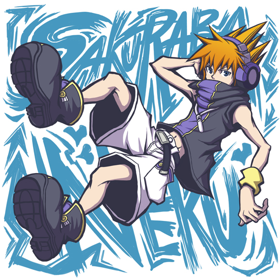 tealfrosty, sakuraba neku, subarashiki kono sekai, 1boy, belt, boots, headphones, male focus, midriff, orange hair, solo, wristband