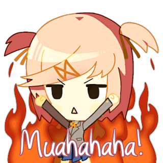 natsuki (doki doki literature club), doki doki literature club, animated, animated png, artist request, lowres, official art, 1girl, blue skirt, burning, chibi, chibi only, coat, cowboy shot, english text, fire, grey coat, jitome, neck ribbon, outstretched arms, ribbon, skirt, solo, spread legs