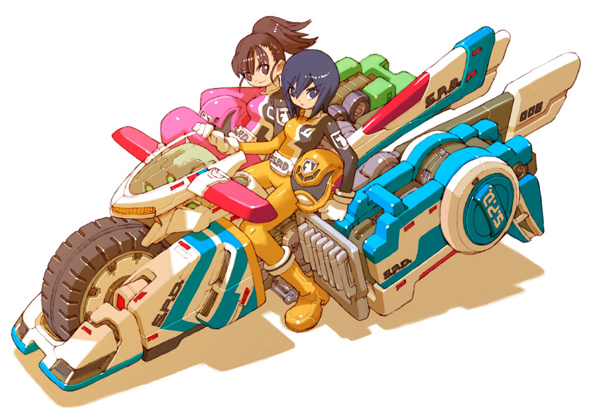 nakayama tooru, dekapink, dekayellow, kodou koume, reimon marika, super sentai, tokusou sentai dekaranger, vehicle, 2girls, animification, bodysuit, helmet, motor vehicle, motorcycle, multiple girls