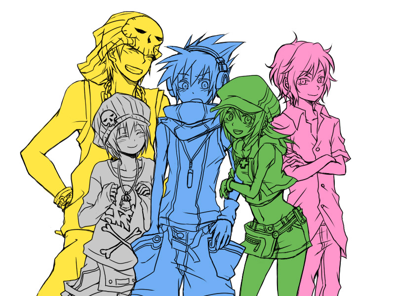 mutsuki ayumi, bito daisukenojo, bito raimu, kiryu yoshiya, misaki shiki, sakuraba neku, subarashiki kono sekai, bad id, bad pixiv id, 2girls, 3boys, beanie, blush, bracelet, closed eyes, hat, headphones, jewelry, long hair, midriff, multiple boys, multiple girls, necklace, newsboy cap, short hair, skirt, smile