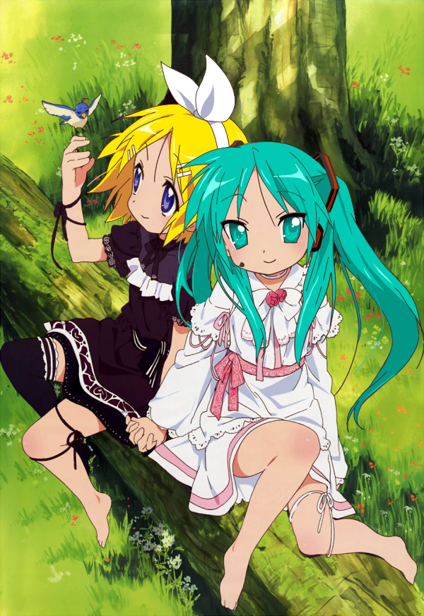 kotone (hope-dream), hatsune miku, hiiragi kagami, hiiragi tsukasa, kagamine rin, lucky star, vocaloid, bad id, bad pixiv id, third-party edit, 2girls, barefoot, bird, blonde hair, blue eyes, dress, green eyes, green hair, long hair, multiple girls, parody, ribbon, short hair, siblings, sisters, smile, twins