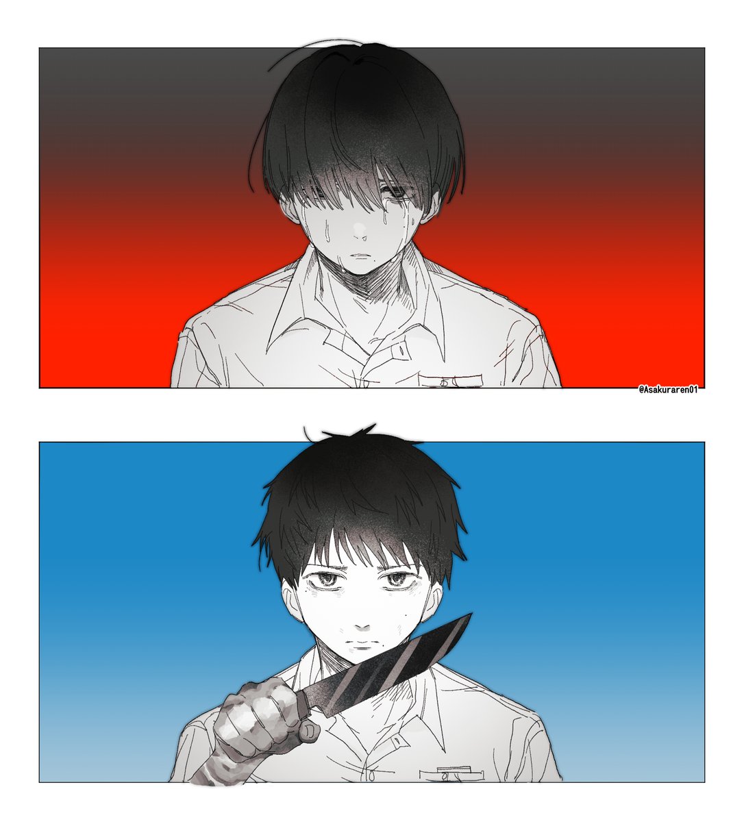 tsujinaka yoshiki, hikaru ga shinda natsu, commentary request, highres, 1boy, alternate hair length, alternate hairstyle, asakura (asakuraren01), blue background, border, gradient background, greyscale, greyscale with colored background, hair over one eye, holding, holding knife, kitchen knife, knife, looking at viewer, male focus, mole, mole on cheek, mole under eye, mole under mouth, monochrome, multiple moles, multiple views, red background, short hair, simple background, twitter username, white border