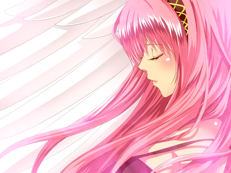 yui tooru, megurine luka, vocaloid, bad id, bad pixiv id, 1girl, angel wings, blush, closed eyes, female focus, long hair, pink hair, solo, wings