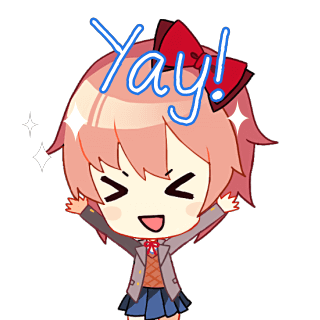sayori (doki doki literature club), doki doki literature club, animated, animated png, artist request, lowres, official art, > <, 1girl, blue skirt, bow, chibi, chibi only, coat, english text, foot out of frame, grey coat, grin, hair bow, jumping, neck ribbon, outstretched arms, pink hair, pink vest, ribbon, short hair, skirt, smile, socks, solo, sparkle, standing, standing on one leg, vest, white socks