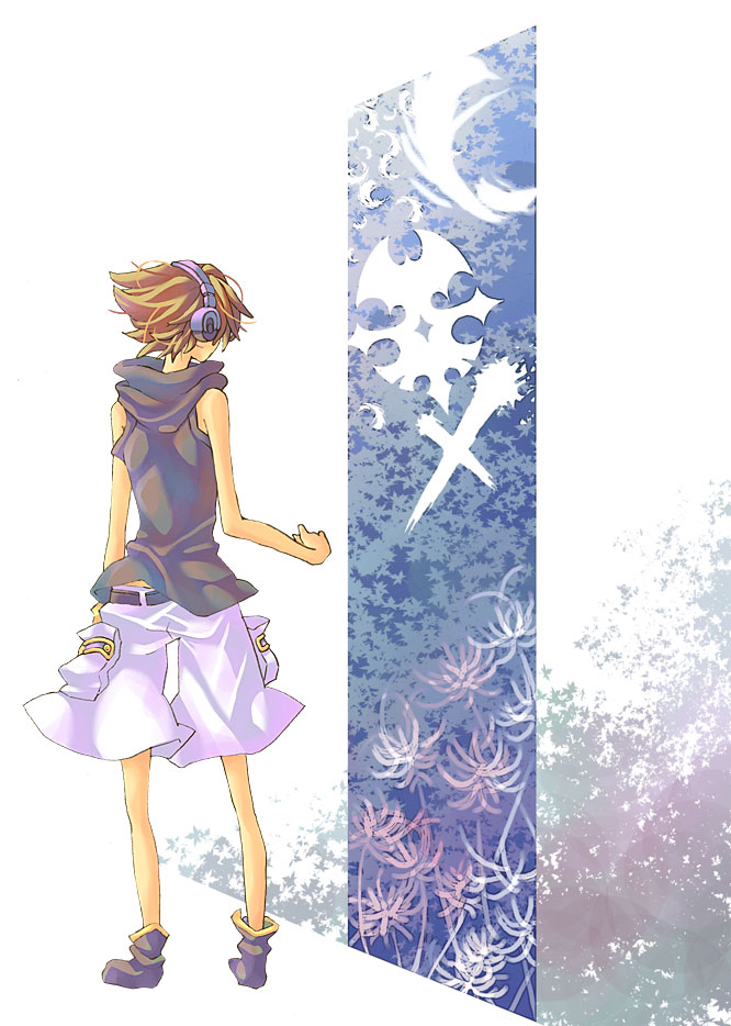 kuraaaa, sakuraba neku, subarashiki kono sekai, bad id, bad pixiv id, 1boy, headphones, male focus, short hair, solo