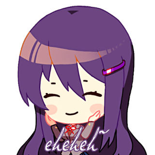 yuri (doki doki literature club), doki doki literature club, animated, animated png, lowres, official art, 1girl, blush, chibi, chibi only, coat, english text, grey coat, hand on own face, long hair, long sidelocks, neck ribbon, purple hair, ribbon, sidelocks, smile, solo, upper body