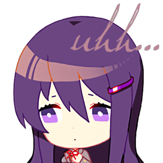 yuri (doki doki literature club), doki doki literature club, animated, animated png, artist request, lowres, official art, 1girl, :o, blinking, blush, bright pupils, chibi, chibi only, coat, english text, grey coat, hand on own chest, long hair, long sidelocks, looking to the side, neck ribbon, purple eyes, purple hair, ribbon, sidelocks, solo, upper body, white pupils