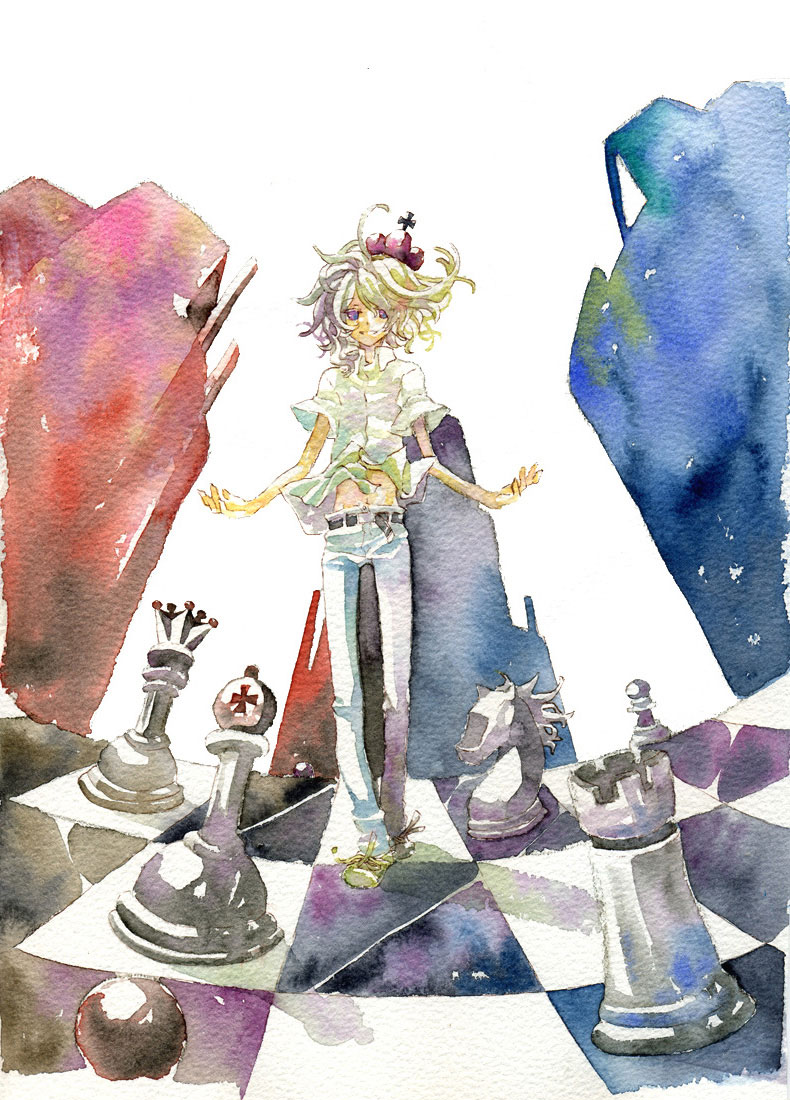 kuraaaa, kiryu yoshiya, subarashiki kono sekai, silver hair, 1boy, board game, chess, crown, male focus, midriff, purple eyes, short hair, smile, solo, standing