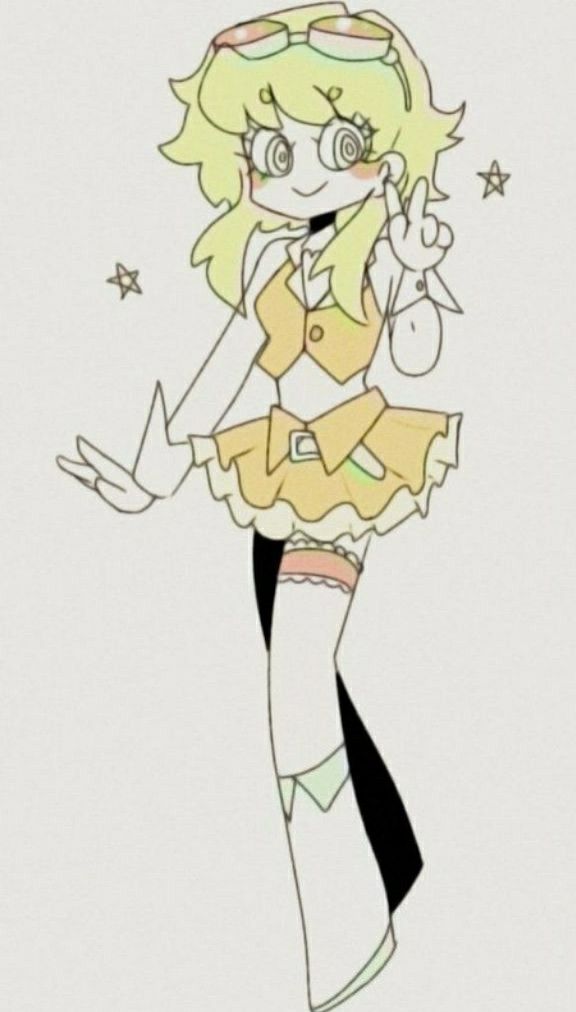 ghostandpals, gumi, vocaloid, third-party source, 1girl, belt, blush, full body, goggles, goggles on head, green eyes, green hair, multiple girls, shirt, short hair, skirt, smile, solo, star (symbol), white background