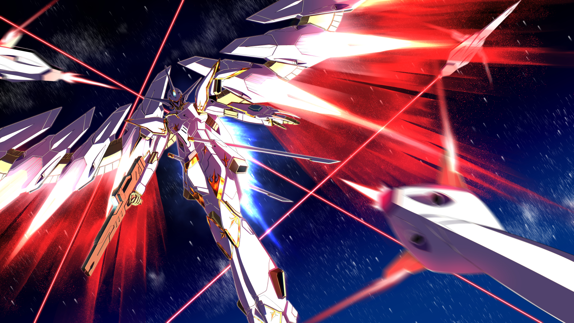 cal-re.a, gundam, gundam seed, gundam seed freedom, commentary request, highres, beam rifle, bit (gundam), energy gun, energy wings, funnels (gundam), gun, holding, holding gun, holding weapon, mecha, mechanical wings, mobile suit, no humans, robot, science fiction, solo, soma 0x00, space, thrusters, v-fin, weapon, wings
