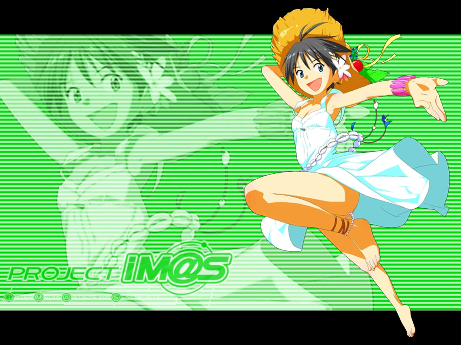 kikuchi makoto, idolmaster, idolmaster (classic), highres, 00s, anklet, barefoot, black hair, bracelet, dress, flower, fruit on hat, hair flower, hair ornament, hat, jewelry, leaping, open mouth, smile