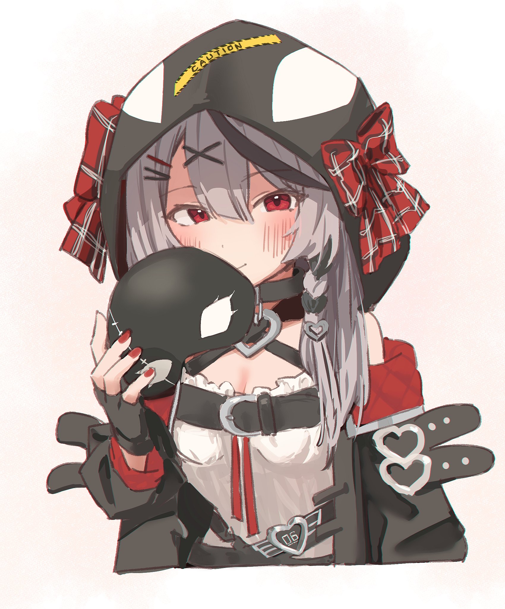 sakamata chloe, sakamata chloe (1st costume), hololive, commentary request, highres, 1girl, 1nose yuuka, animal hood, arm belt, black gloves, black hair, black jacket, bow, braid, breasts, camisole, cleavage, closed mouth, cropped torso, fingerless gloves, gloves, grey hair, hair between eyes, hair ornament, hairclip, holding, holding mask, hood, hood up, hooded jacket, jacket, light blush, light smile, long hair, long sleeves, looking at viewer, mask, multicolored hair, nail polish, orca hood, plaid bow, red bow, red eyes, red nails, side braid, simple background, solo, streaked hair, two-tone hair, virtual youtuber, white background, x hair ornament