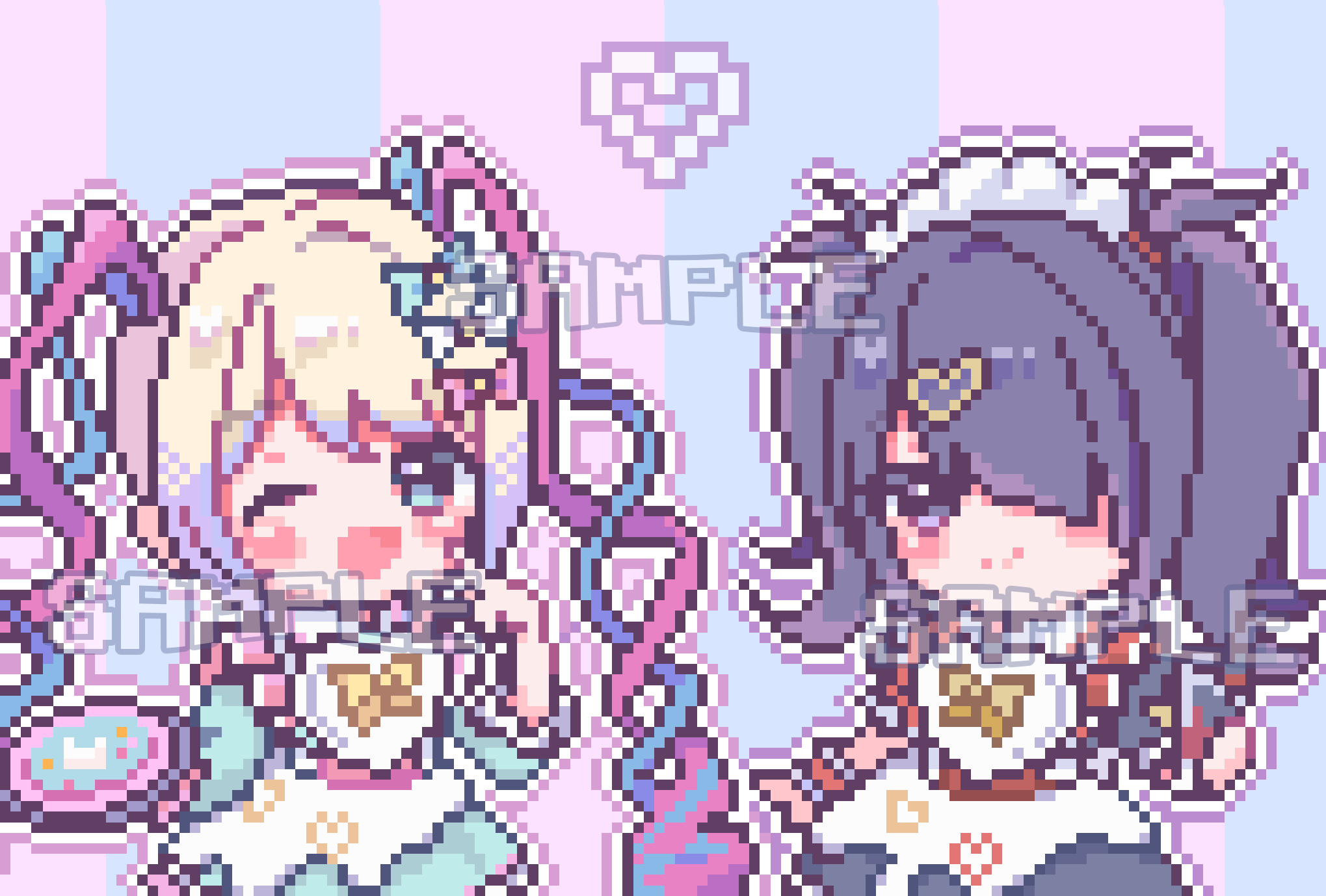 obake yura, ame-chan (needy girl overdose), chouzetsusaikawa tenshi-chan, comiket 104, needy girl overdose, sweets paradise, commentary request, highres, 2girls, ;d, alternate costume, black hair, blonde hair, blue hair, cheek poking, colored tips, cowboy shot, diagonal bangs, enmaided, hair ornament, hair over one eye, hand on own face, heart, heart hair ornament, holding, holding plate, looking at viewer, maid, multicolored hair, multiple girls, official alternate costume, one eye closed, open mouth, outline, pink hair, pixel art, plate, poking, quad tails, short twintails, smile, twintails, white outline, wrist cuffs