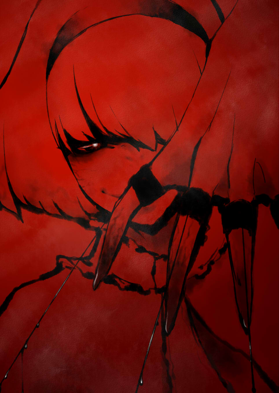 ume (noraneko), alice margatroid, touhou, bad id, bad pixiv id, highres, 1girl, blood, female focus, hair over one eye, horror (theme), jewelry, monochrome, puppet rings, red theme, ring, smile, solo, spot color, you gonna get raped