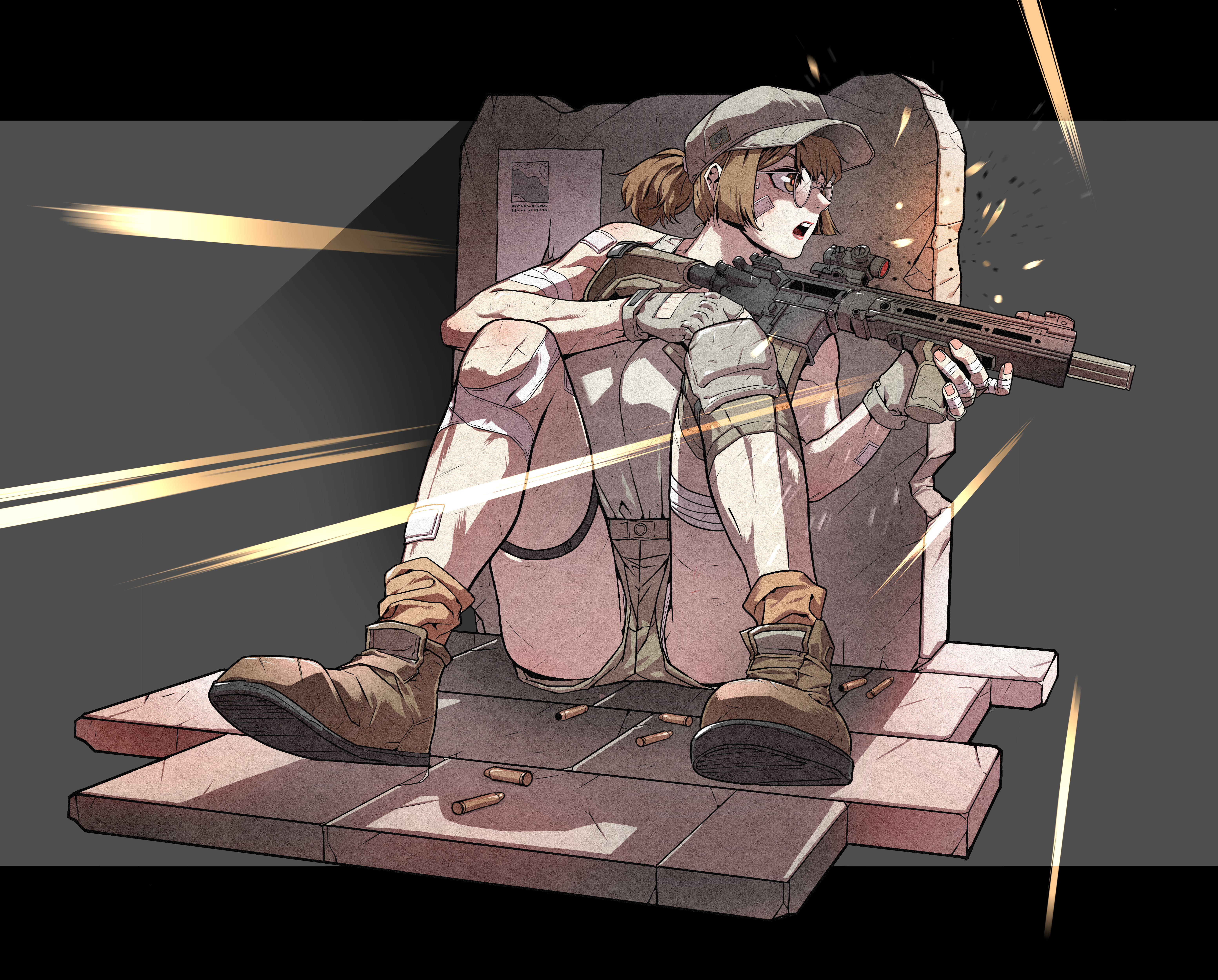 seriousman, fio germi, metal slug, absurdres, commentary, highres, 1girl, assault rifle, bandaged arm, bandaged fingers, bandaged leg, bandages, bare shoulders, black border, boots, border, brown boots, brown gloves, brown hair, brown hat, brown shorts, field cap, fingerless gloves, gauze, gauze on cheek, gauze on leg, glasses, gloves, grey background, gun, h&k hk416, hat, holding, holding gun, holding weapon, letterboxed, looking to the side, open mouth, outside border, ponytail, rifle, round eyewear, short shorts, shorts, sitting, solo, taking cover, tank top, teeth, thigh strap, upper teeth only, weapon, white tank top