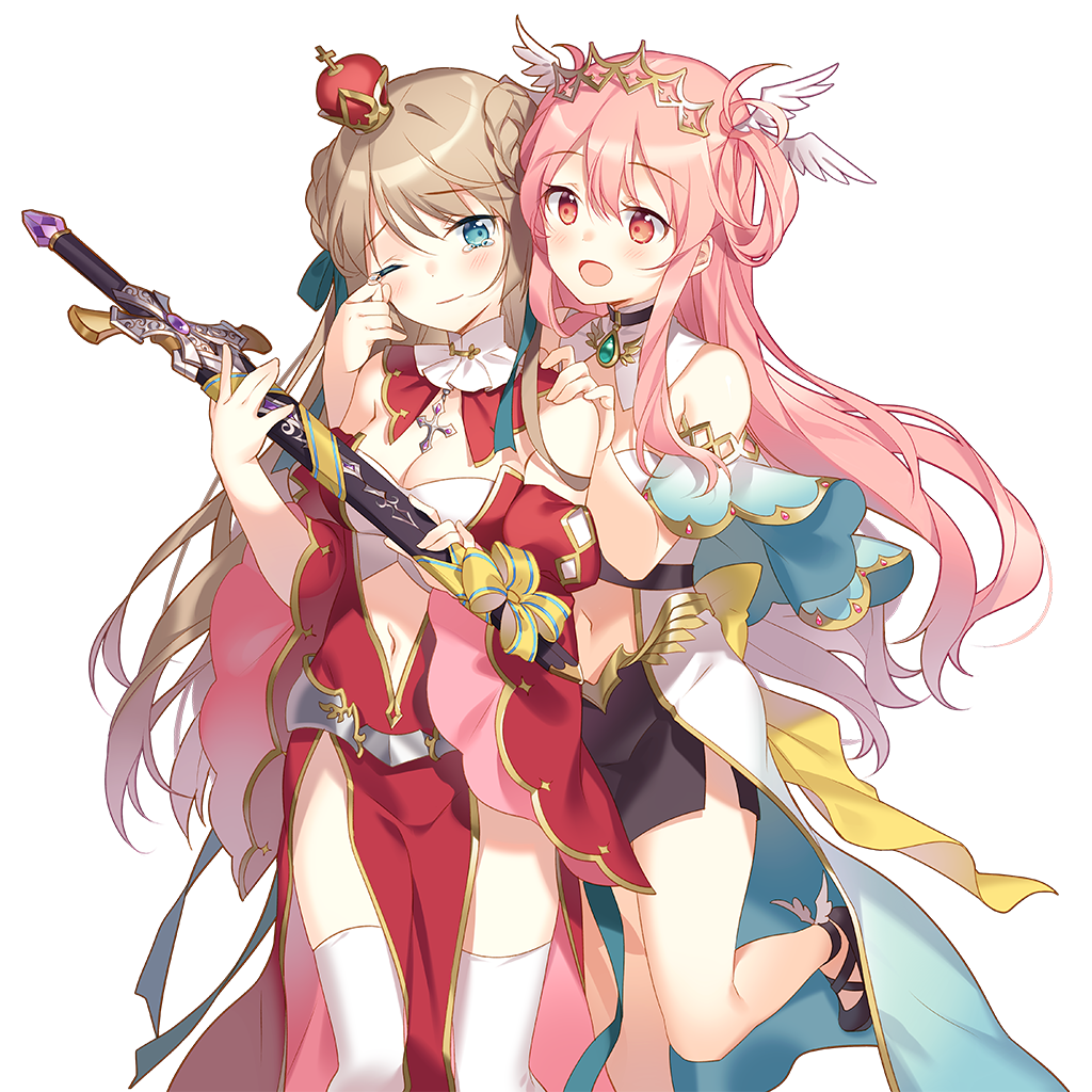 rie (reverie), uchi no hime-sama ga ichiban kawaii, commentary request, 2girls, aqua eyes, braid, breasts, crown, hair between eyes, holding, holding sword, holding weapon, lidelle esquire, long hair, medium breasts, mini crown, multiple girls, orange eyes, pink hair, ron cercle, sword, very long hair, weapon